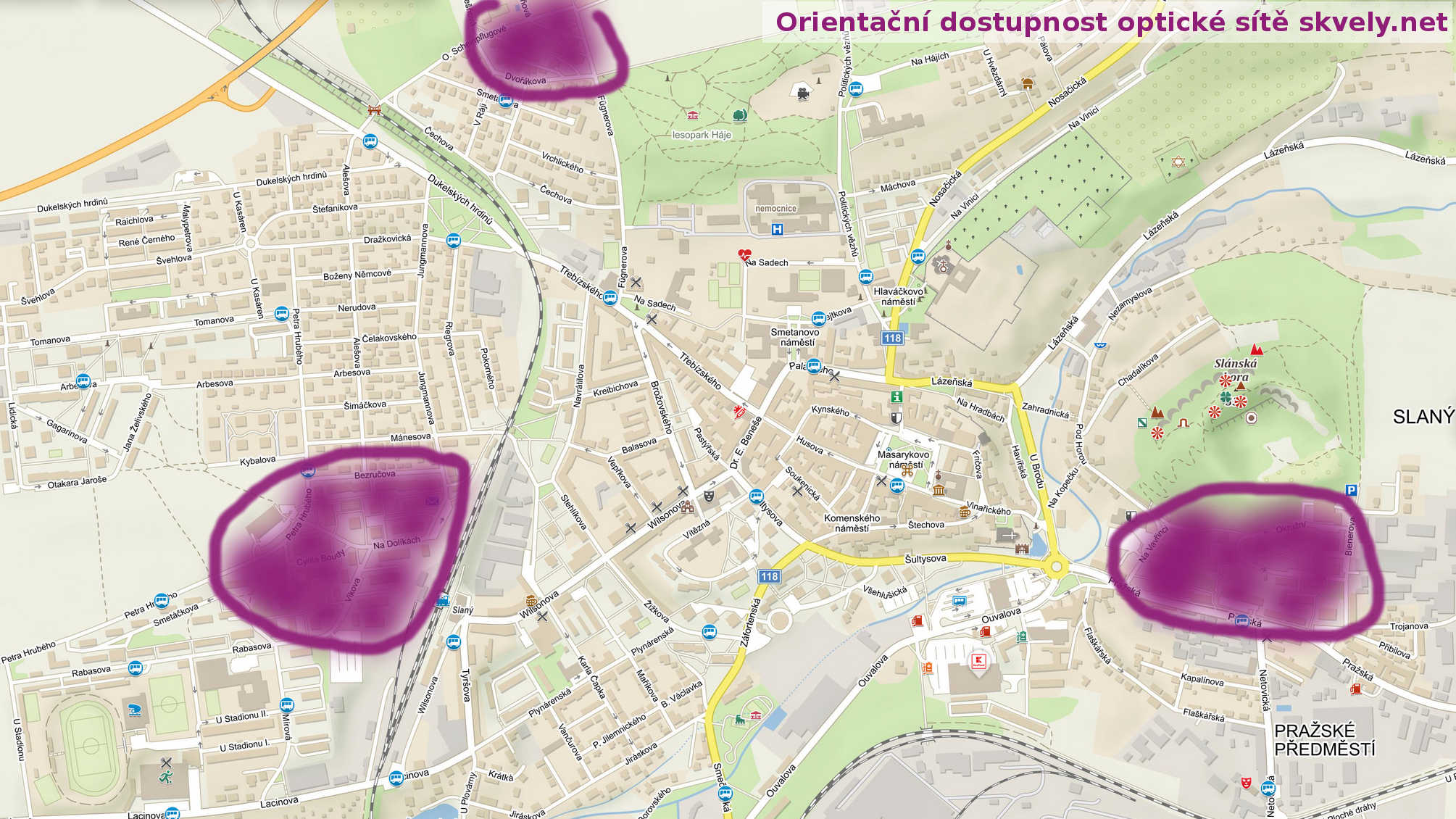 Ilustrační mapka pokrytí lokalit optickým připojením ve Slaném